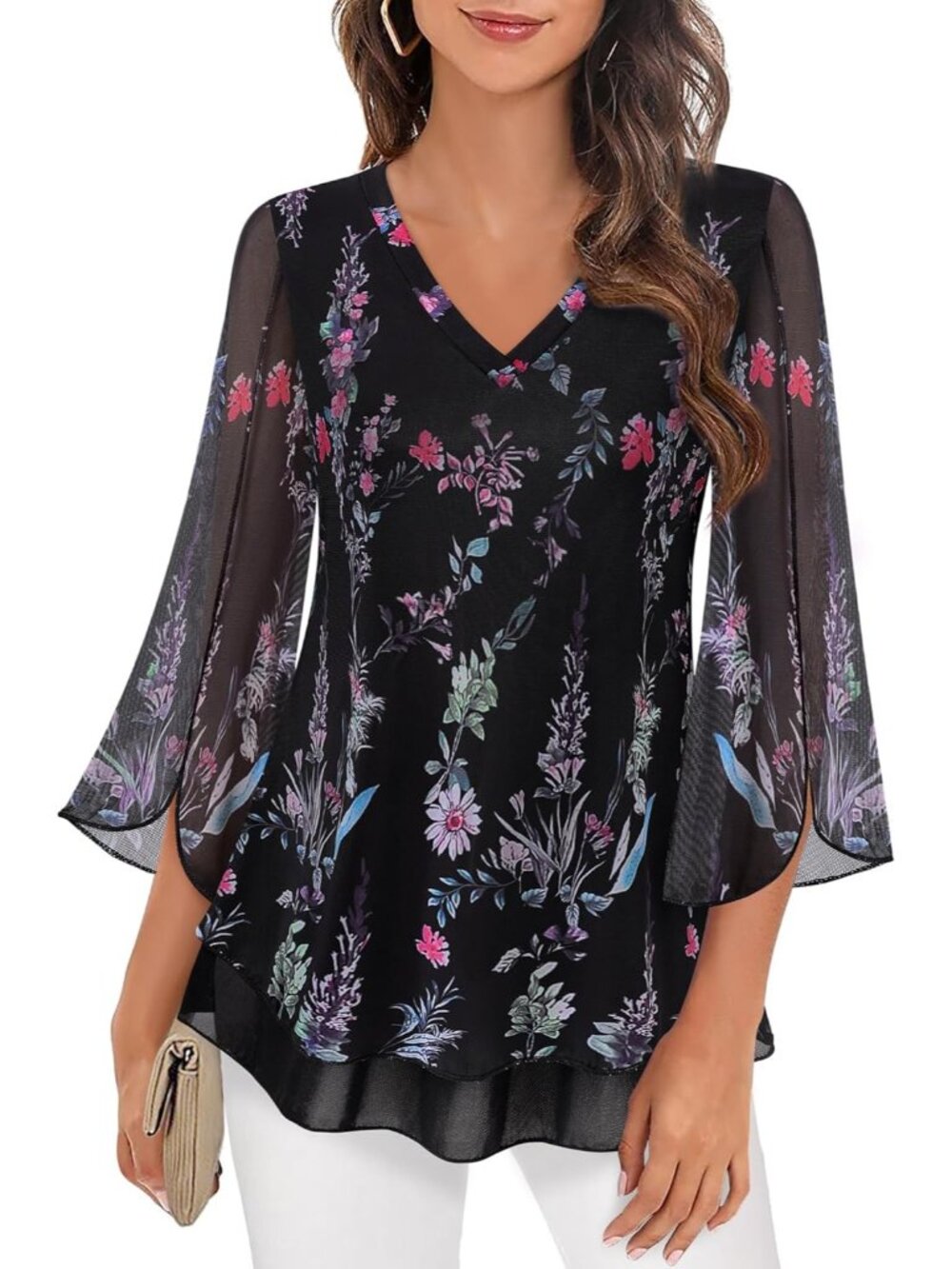 Women's Tops Floral Black 3/4 Sleeves Floral Shirts Double Layers V Neck Blouses